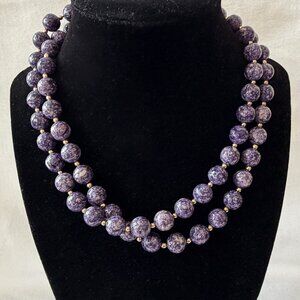 Double Strand Purple Marbled Beaded Necklace Gold Tone Accents